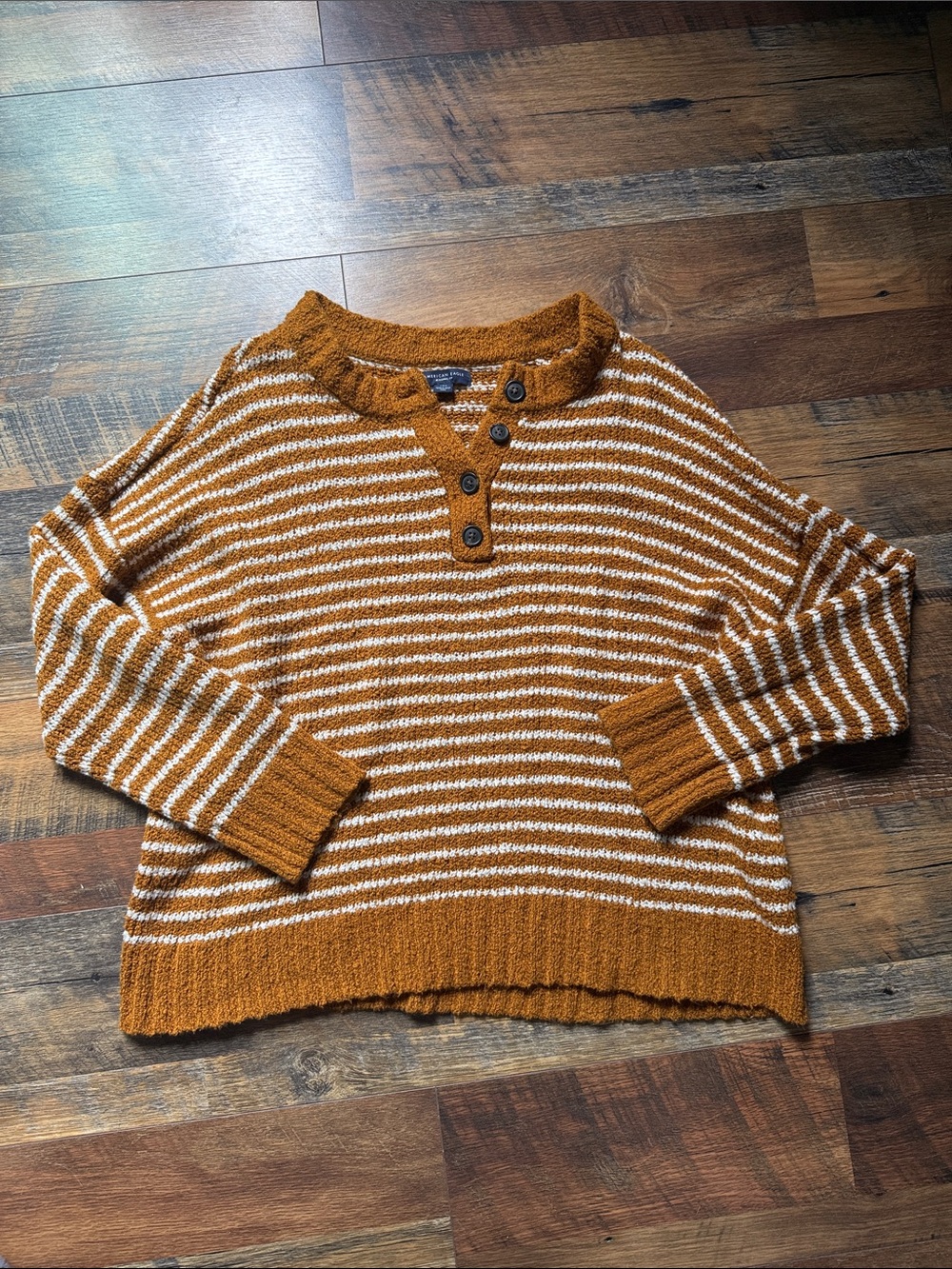 American Eagle Outfitters Striped Henley Sweater in Mustard and Cream